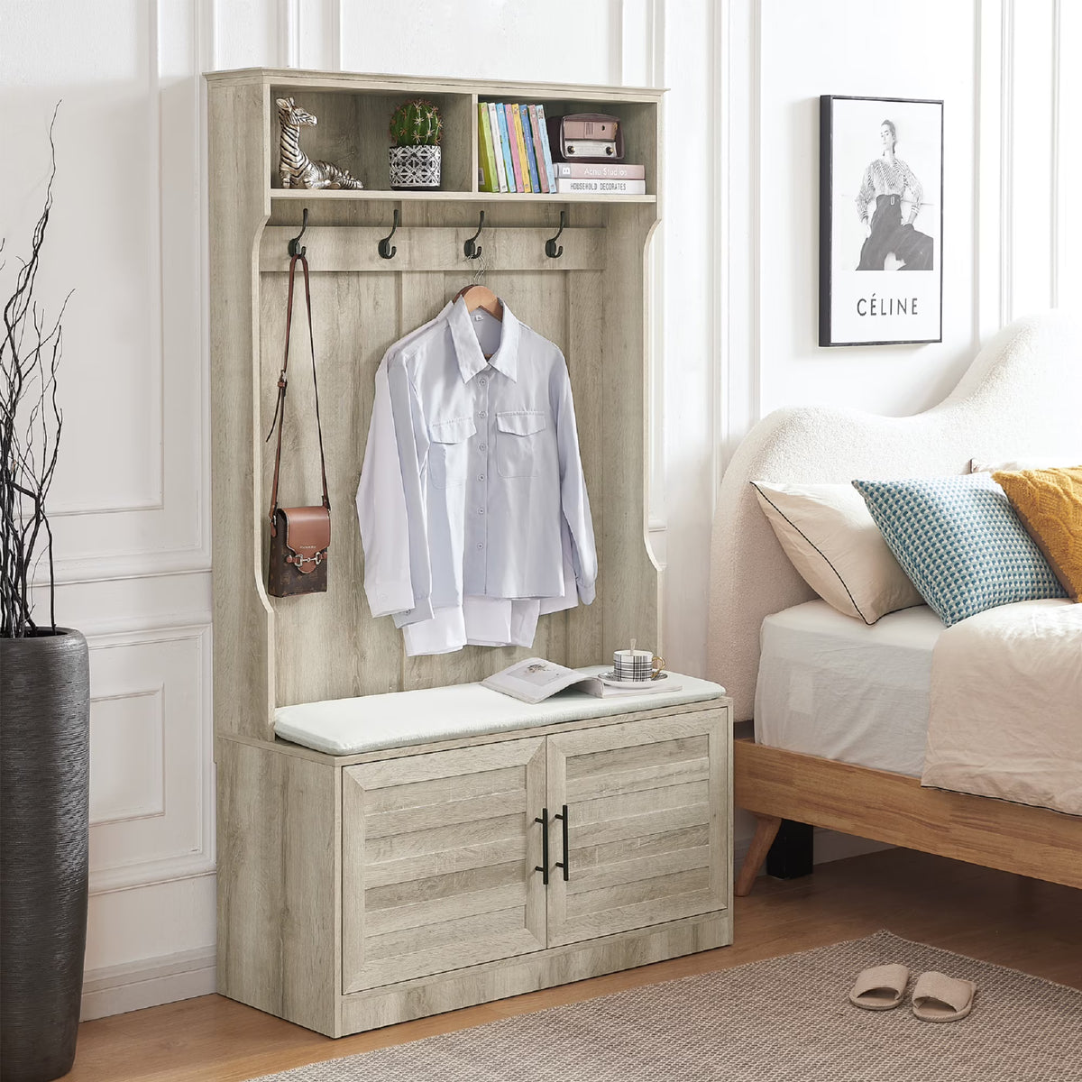 White Oak Entryway Bench with Coat Hooks and Storage Bench N94143