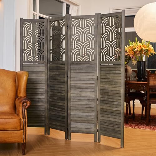 4 Panel Gray Wood Carved Folding Room Divider M474