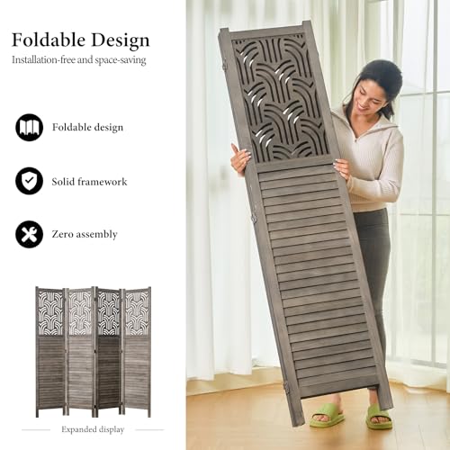 4 Panel Gray Wood Carved Folding Room Divider M474
