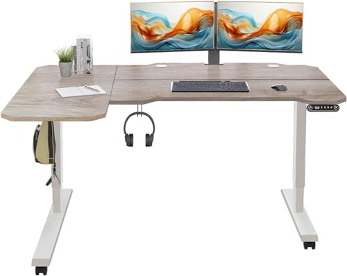 Rustic Brown 59 Inch L-Shaped Electric Sit-Stand Computer Desk with 3 Splice Boards S548