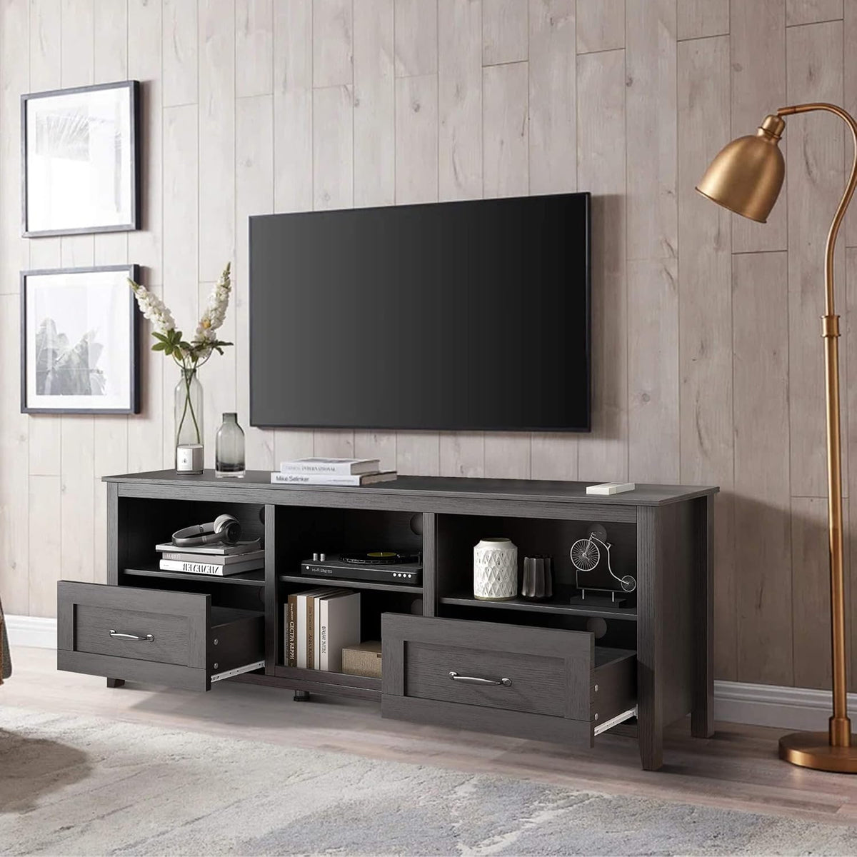 Black 70 inch TV Stand with Drawers Wood Storage Cabinet L363266