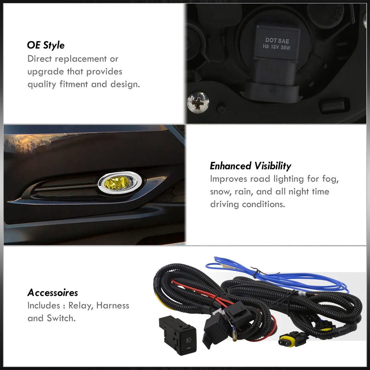 Chrome Front Bumper Fog Lights Assembly with Bulbs Switch Relay Wiring Harness Kit (Yellow Lens) V749544