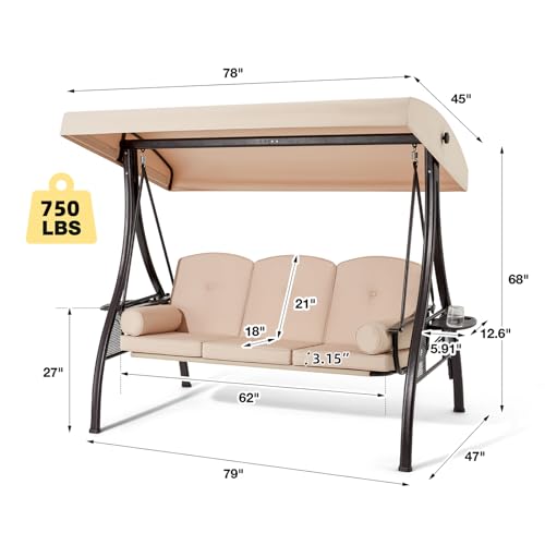 3 Person Outdoor Porch Swing with Cup Holder, Canopy, Cushions P673671