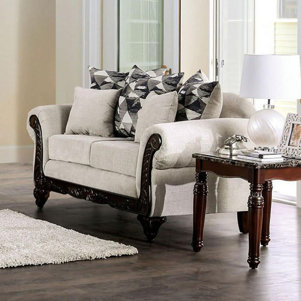 Walnut Light Gray Chenille Sofa and Loveseat Q89591