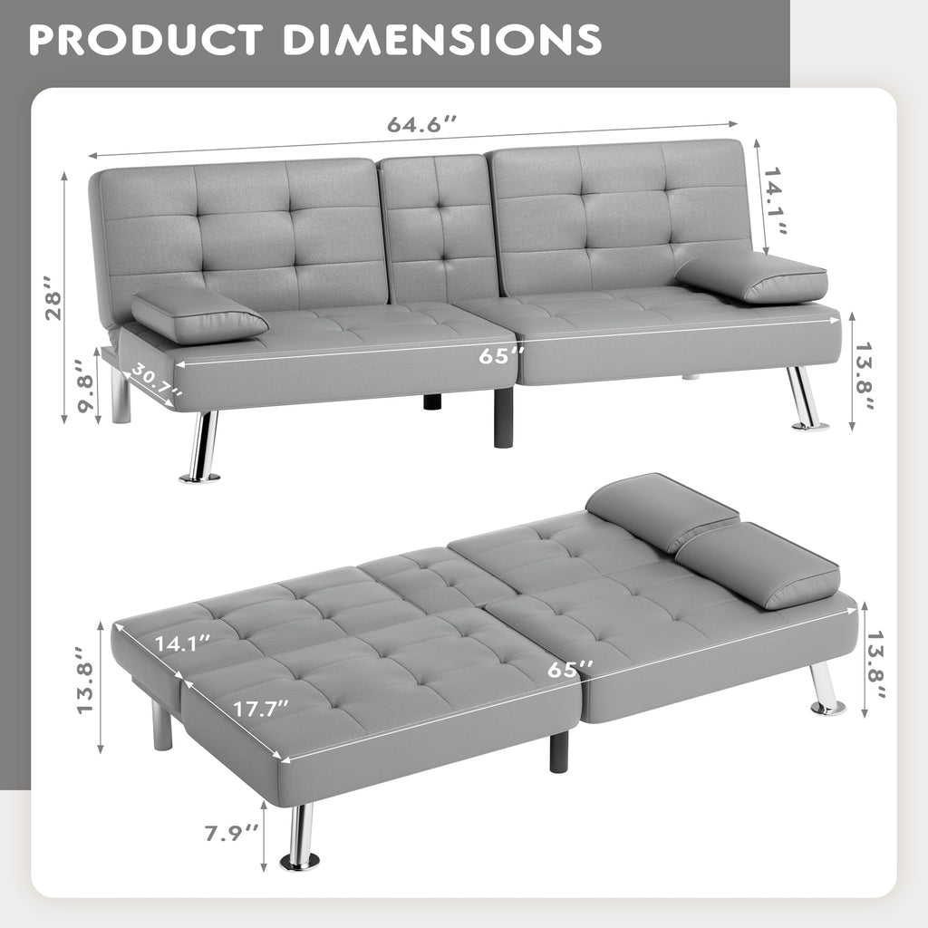 Grey Faux Leather Foldable Futon Sofa Bed with Removable Armrests J9320