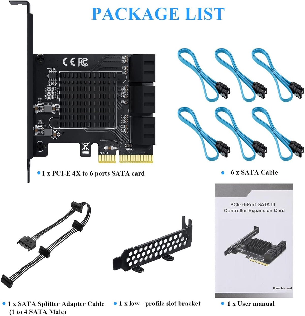 PCIe 4X SATA Card, 6 Ports with 6 SATA Cables, Low Profile Bracket, Non-Raid G31729