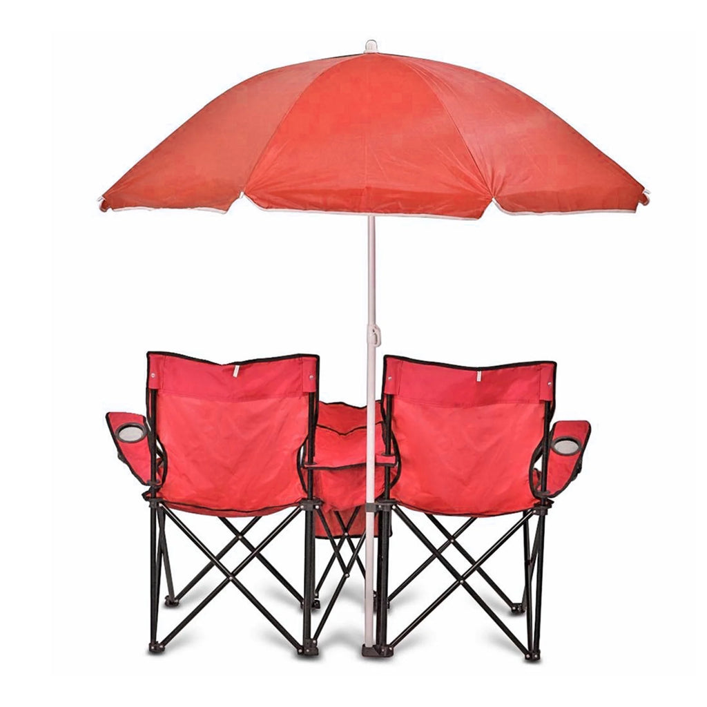 Red Double Folding Camping Chair Set with Shade Umbrella and Cooler Bag R8171