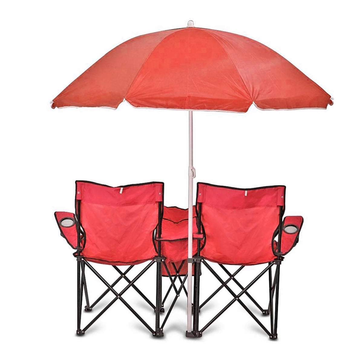 Red Double Folding Camping Chair Set with Shade Umbrella and Cooler Bag R8171