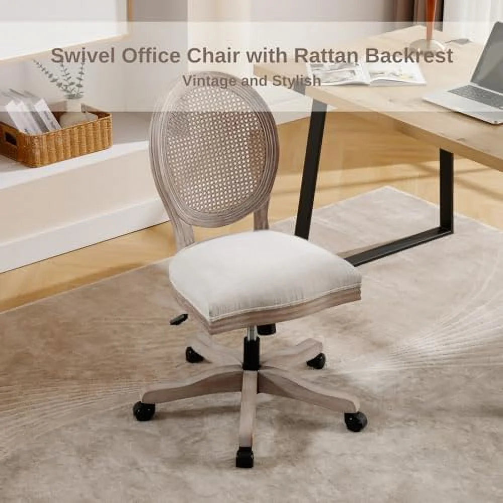 Beige Linen Fabric Armless Swivel Desk Chair with Wheels O5347