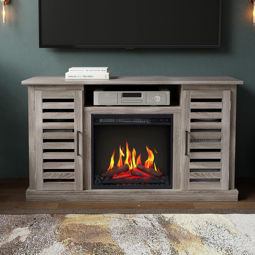 3D Fireplace TV Stand with 6 Storage Shelves & Barn Door R62465