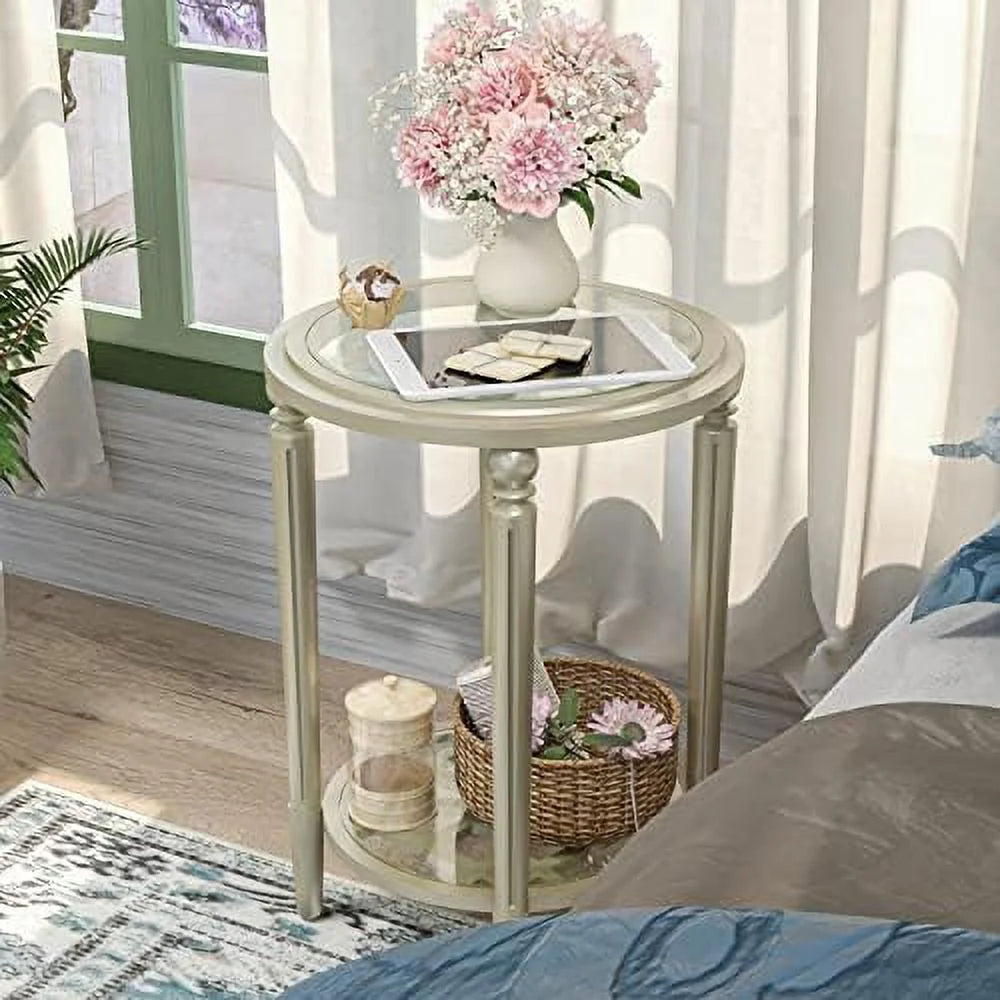 Round Wood End Table with Tempered Glass Top Q457756