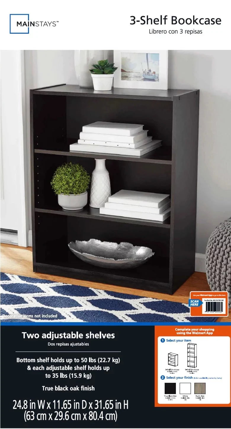 White 3-Shelf Bookcase with Adjustable Shelves T86058