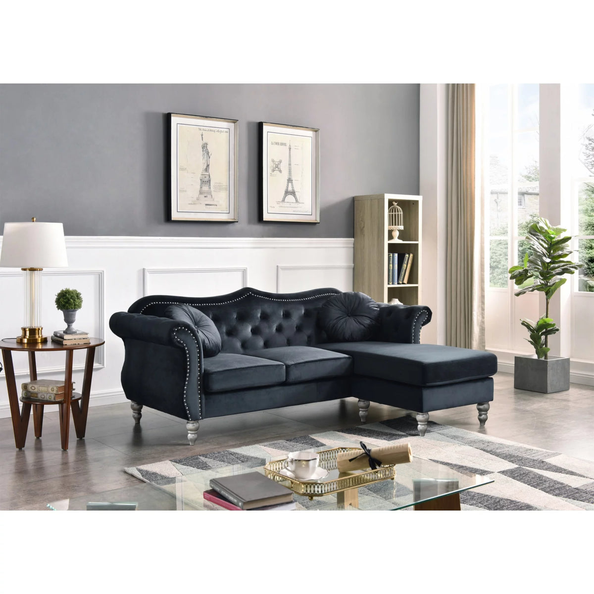 Black Velvet Chesterfield Sectional Sofa with 2-Throw Pillow Y505