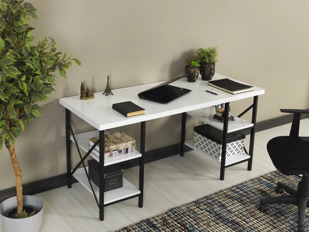 White 4 Shelves Metal Frame Wood Top Writing and Computer Desk D139144