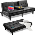 Faux Leather Futon Convertible Sofa Bed with USB & 2 Cupholders Y23106