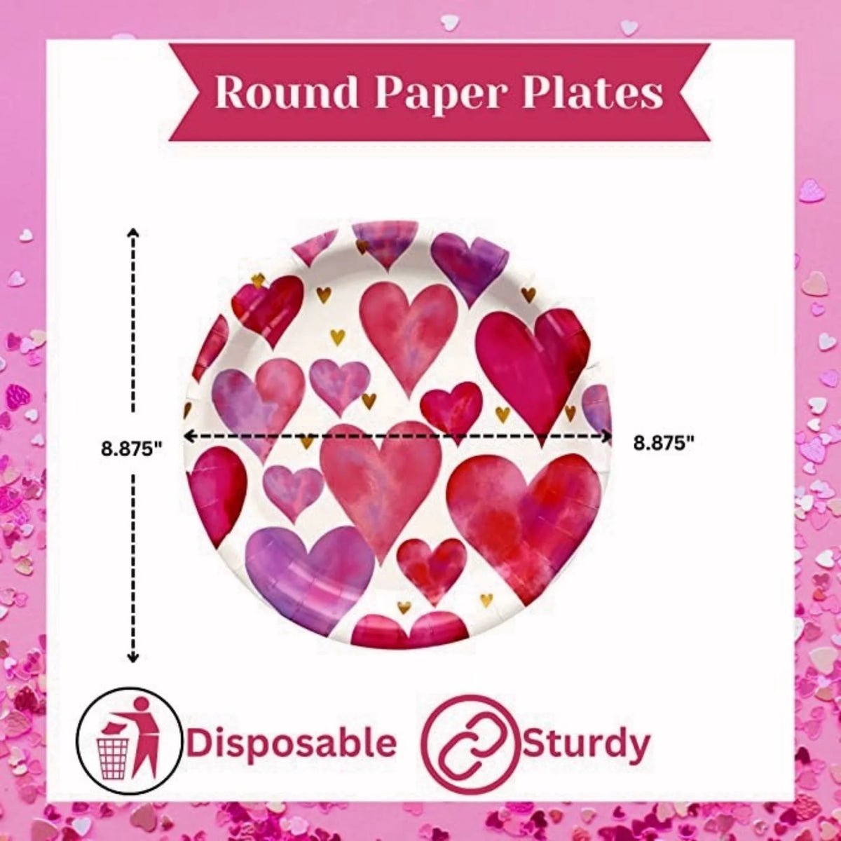 Valentine Heart Design Round Paper Plates with Matching Napkins and Pink Plastic Utensils Disposable Tableware Set of 3 Q125387
