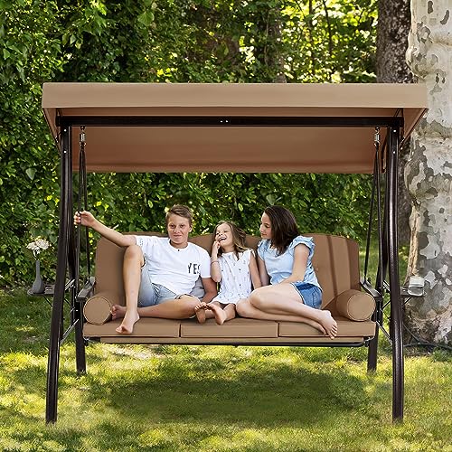 3 Person Outdoor Porch Swing with Cup Holder, Canopy, Cushions P673671