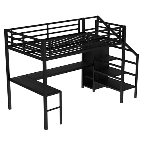Black Full Loft Bed with L-shaped Desk, USB, Wardrobe & Stairs Q95316