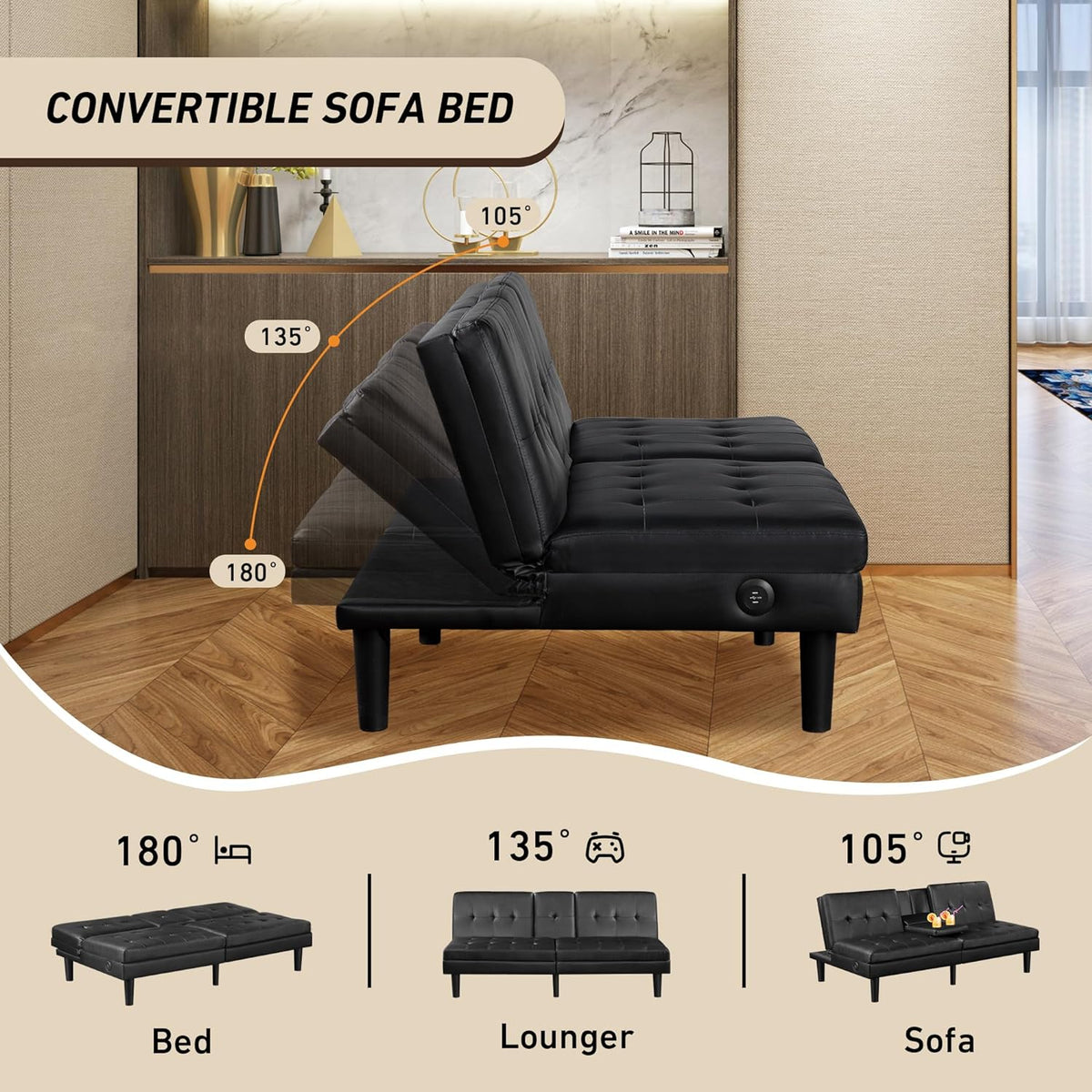 Faux Leather Futon Convertible Sofa Bed with USB & 2 Cupholders Y23106