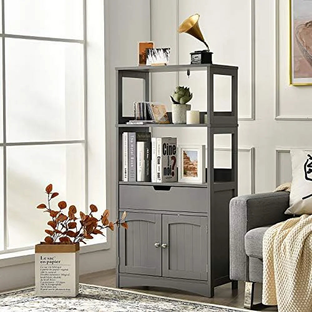 Bathroom Floor Cabinet with Drawer 2 Open Shelves and Door Cupboard Grey 24 x 13 x 48 inch Q73988
