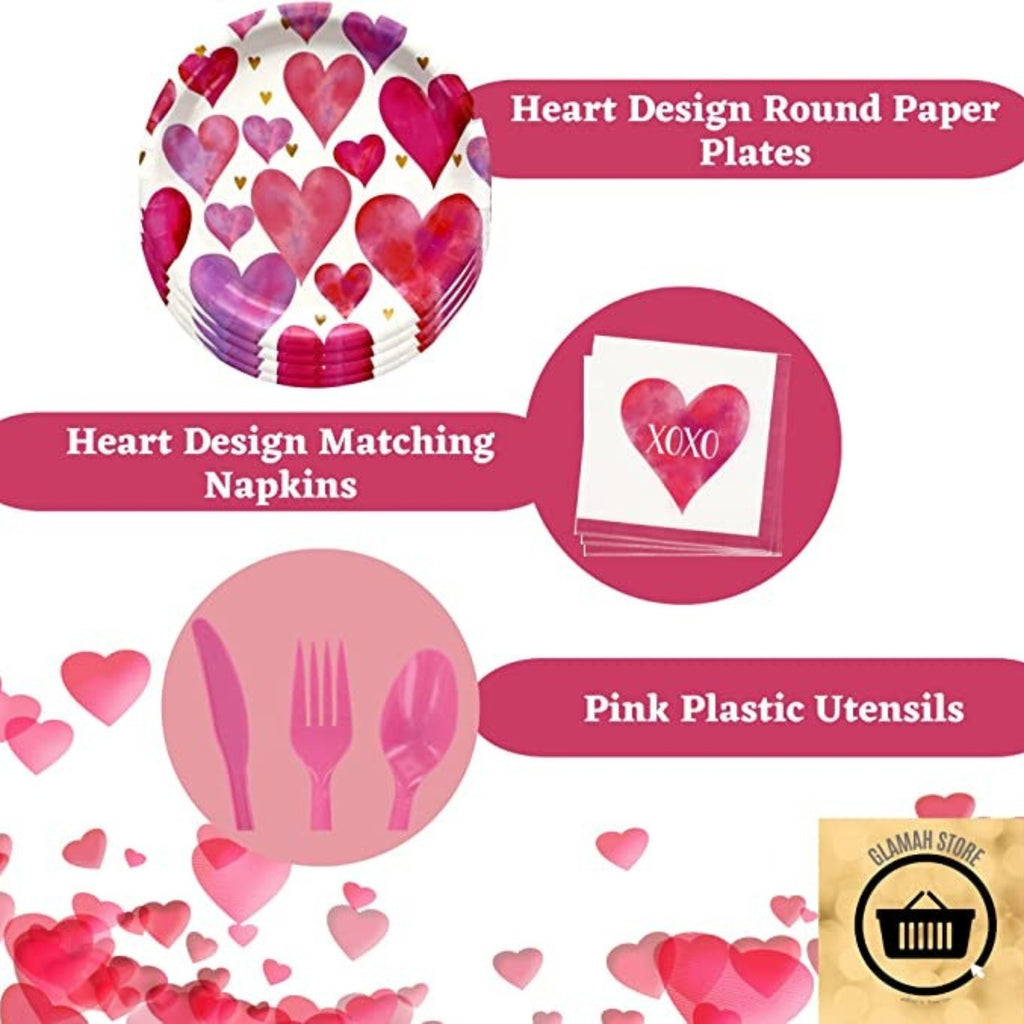 Valentine Heart Design Round Paper Plates with Matching Napkins and Pink Plastic Utensils Disposable Tableware Set of 3 Q125387