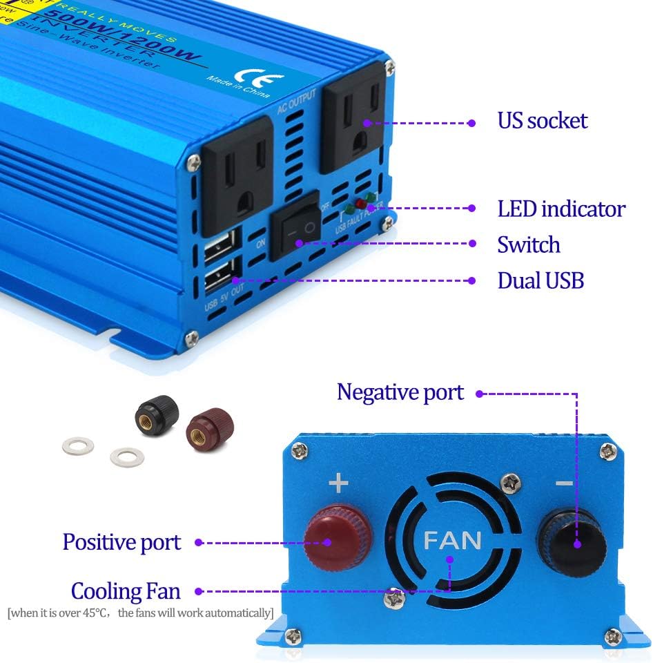 500W Pure Sine Wave Power Inverter DC 12V to AC 110V with Dual USB Ports Pack of 2 X2781