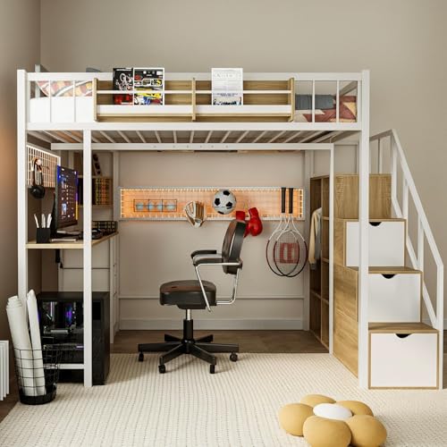 Full Size Metal Loft Bed with Desk and Stairs P732120