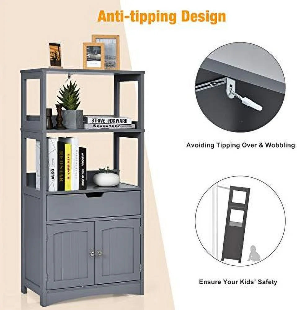 Bathroom Floor Cabinet with Drawer 2 Open Shelves and Door Cupboard Grey 24 x 13 x 48 inch Q73988