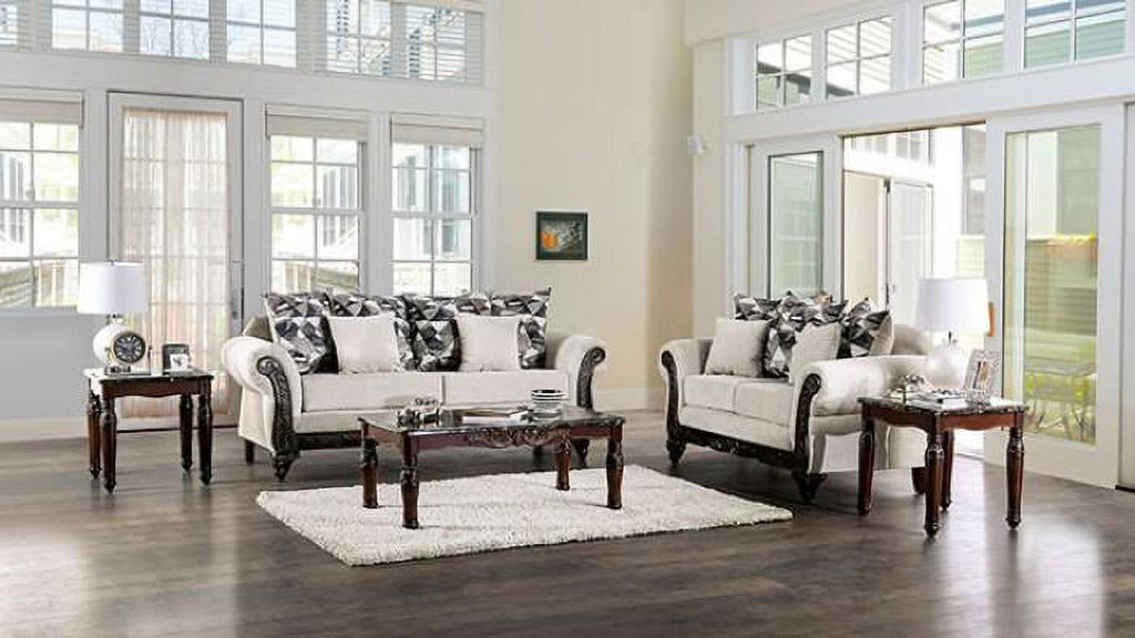 Walnut Light Gray Chenille Sofa and Loveseat Q89591