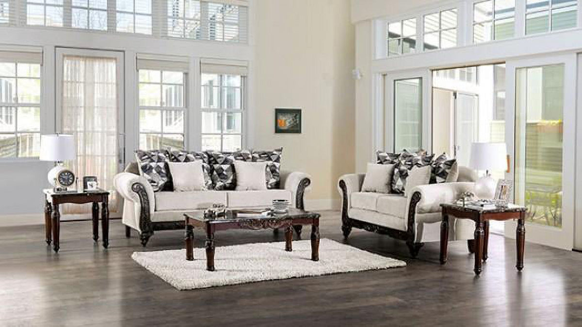 Walnut Light Gray Chenille Sofa and Loveseat Q89591