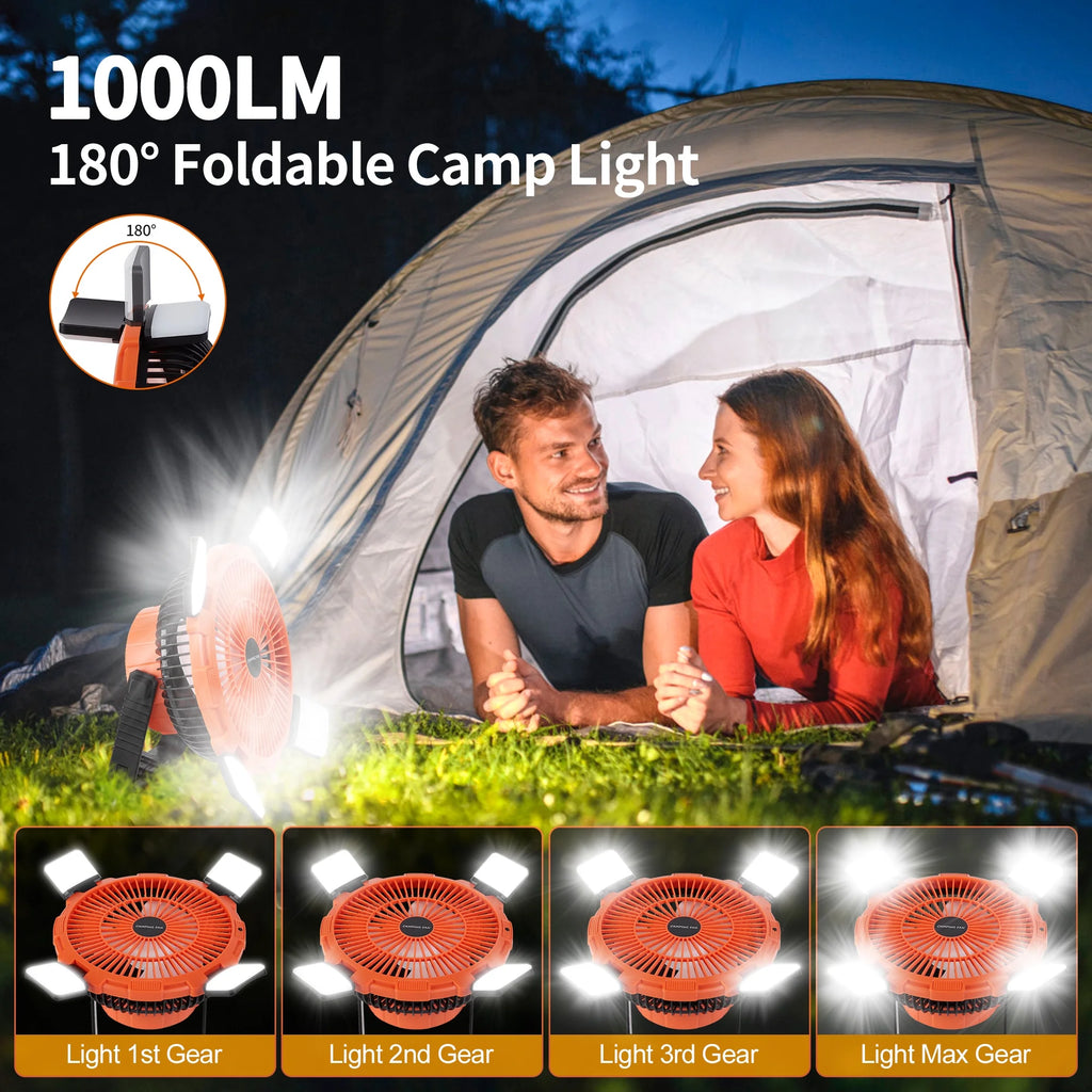 Portable Camping Fan with 4 LED Lantern, 9 inch 8000mAh USB Rechargeable Tent Fan with Remote N2953