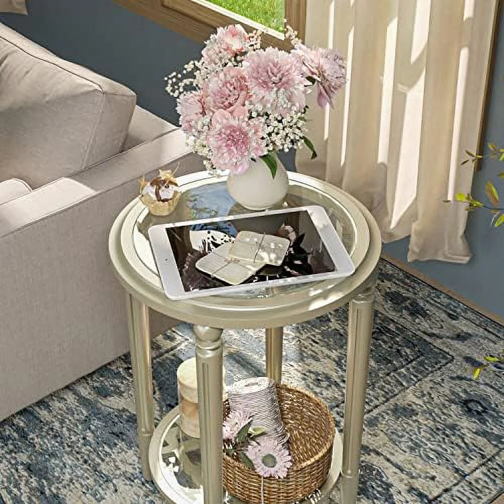 Round Wood End Table with Tempered Glass Top Q457756