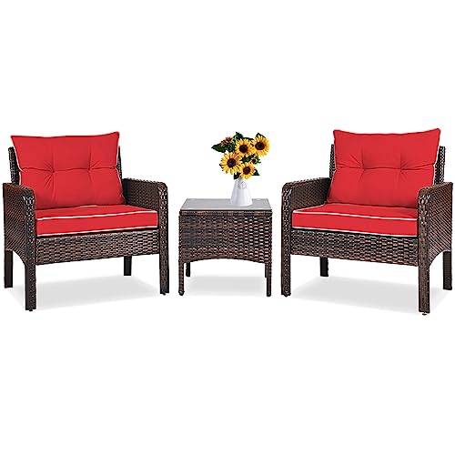 3 Piece Brown Rattan Patio Furniture Set with Cushions O38053