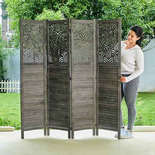 4 Panel Gray Wood Carved Folding Room Divider M474