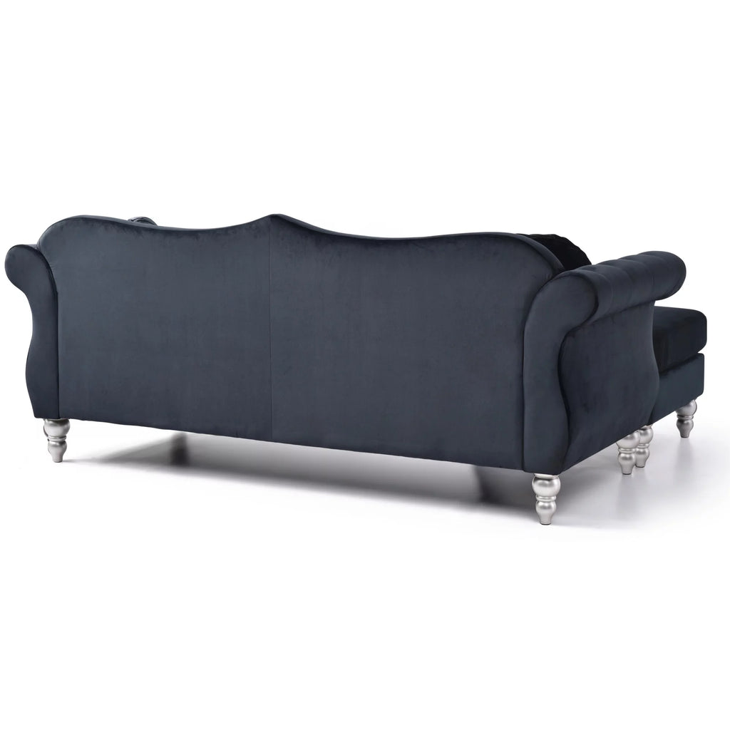 Black Velvet Chesterfield Sectional Sofa with 2-Throw Pillow Y505