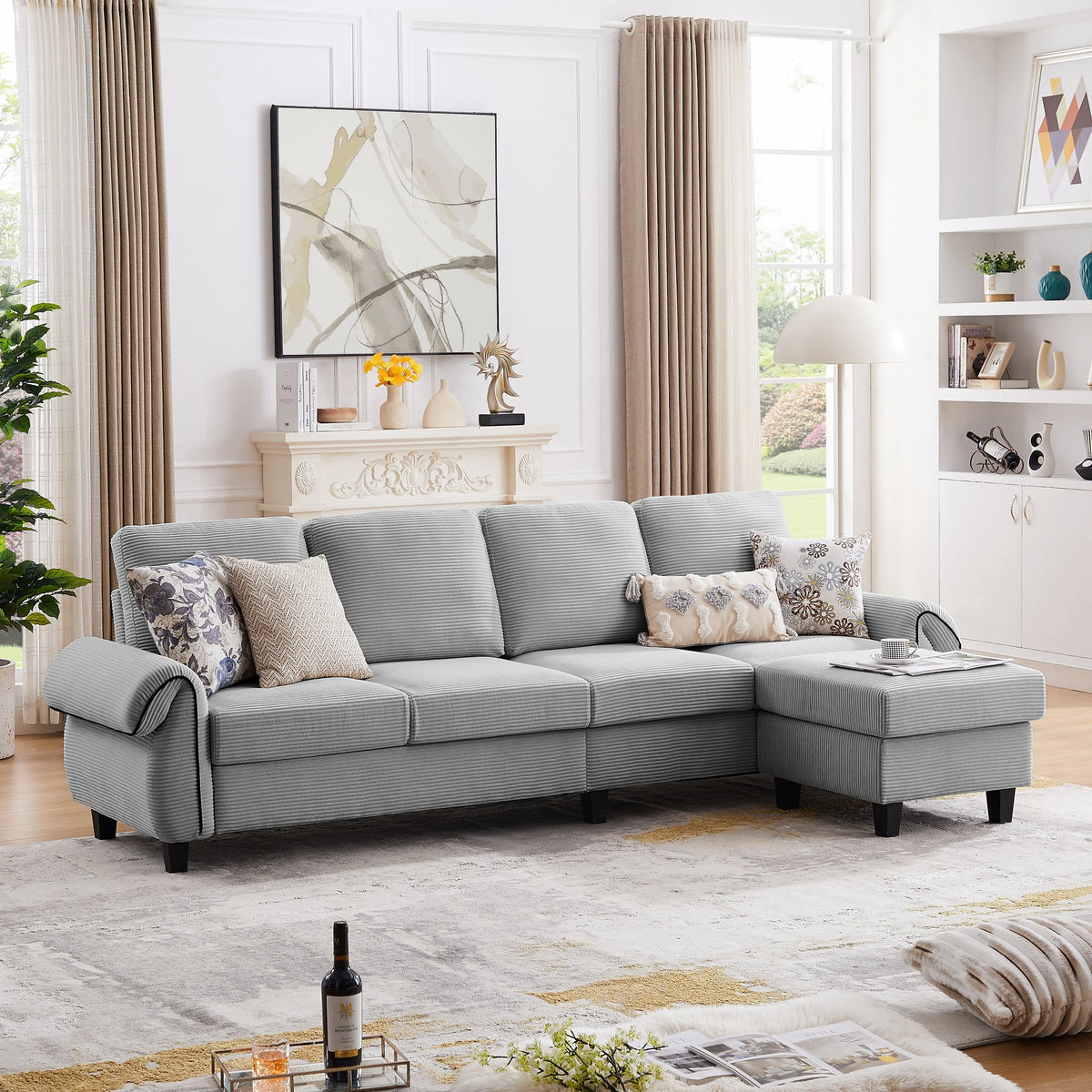 Grey Corduroy L Shaped Sectional Sofa with Reversible Ottoman C8299