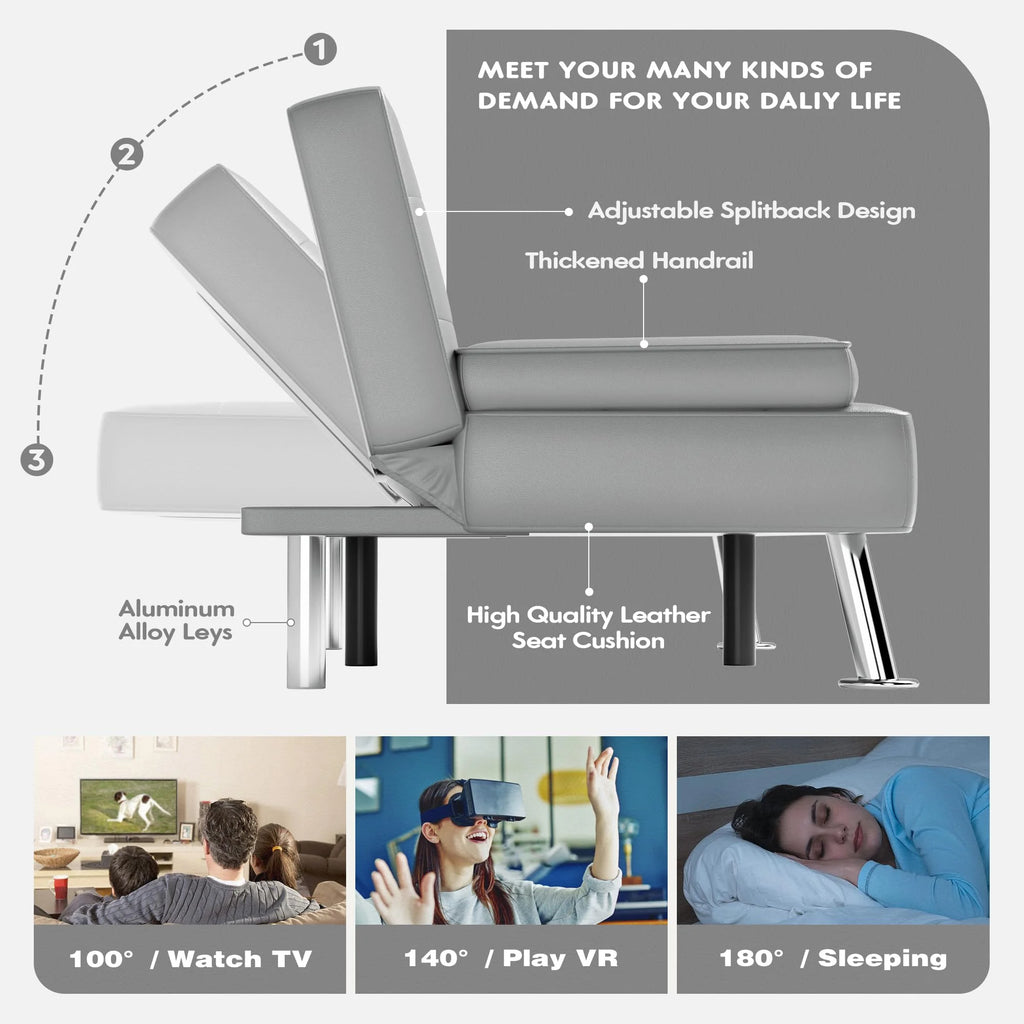 Grey Faux Leather Foldable Futon Sofa Bed with Removable Armrests J9320