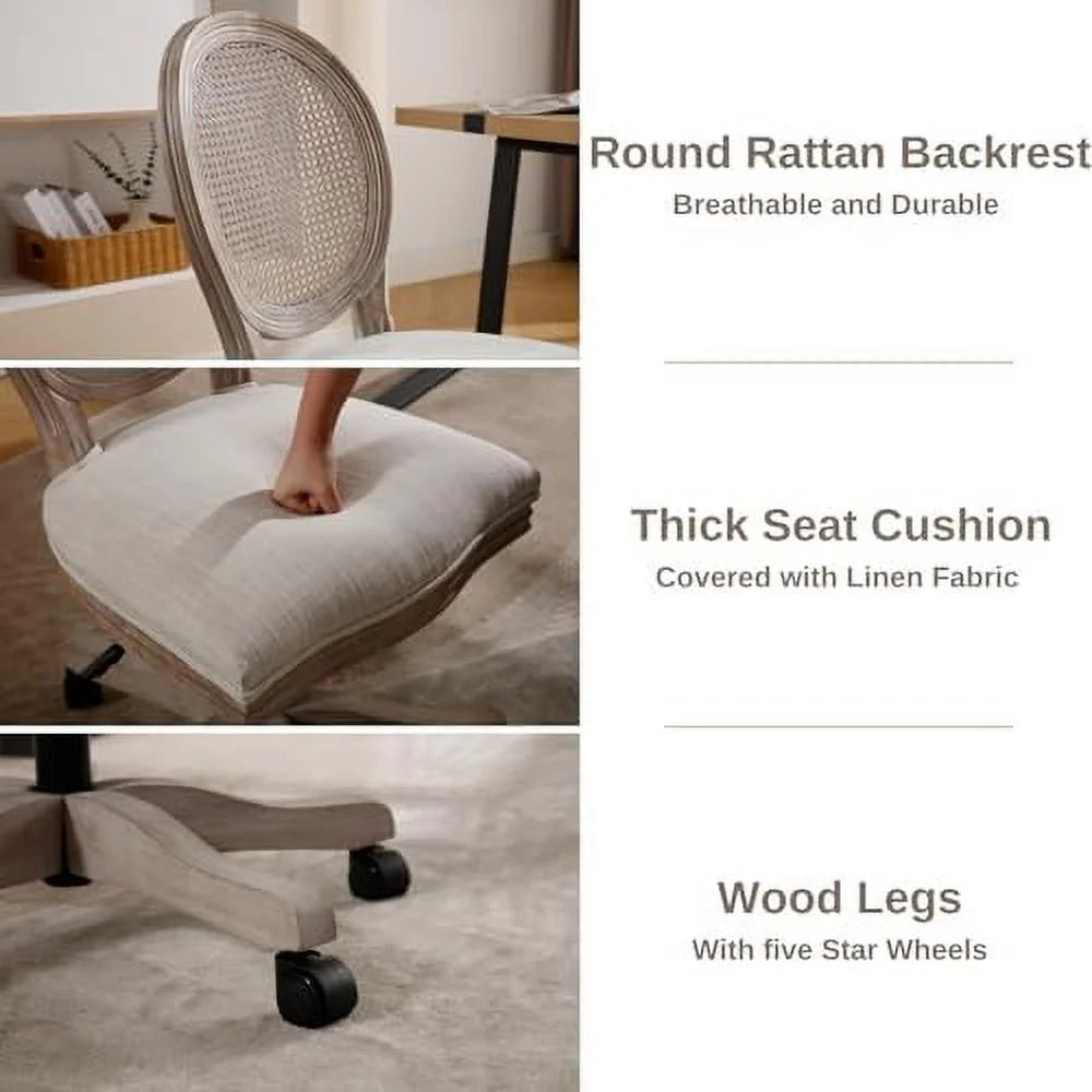 Beige Linen Fabric Armless Swivel Desk Chair with Wheels O5347