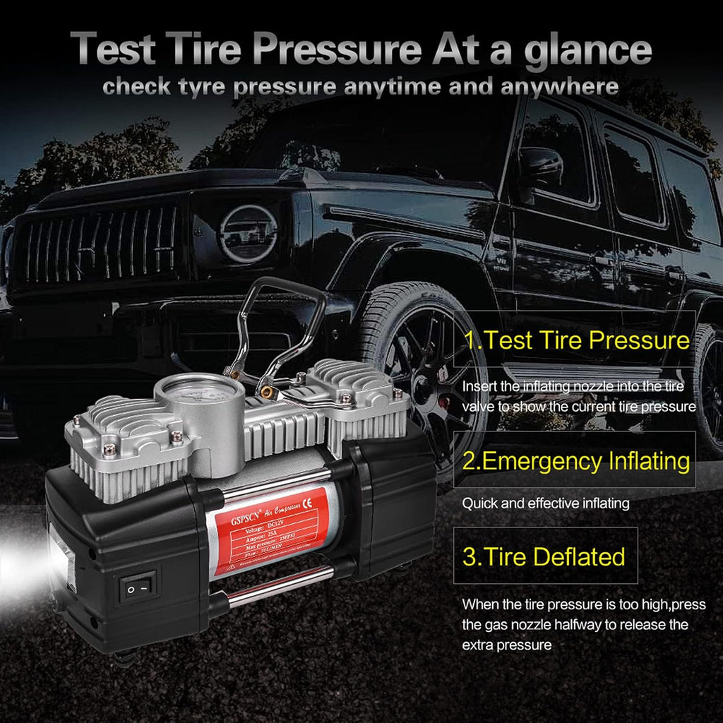 Portable Tire Inflator Double Cylinder Air Compressor Pump with LED Light, 150 PSI Metal Tire Pump with Locking Air Chuck Z9022