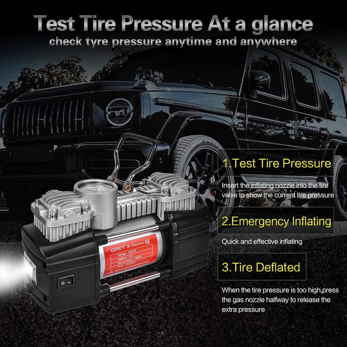 Portable Tire Inflator Double Cylinder Air Compressor Pump with LED Light, 150 PSI Metal Tire Pump with Locking Air Chuck Z9022