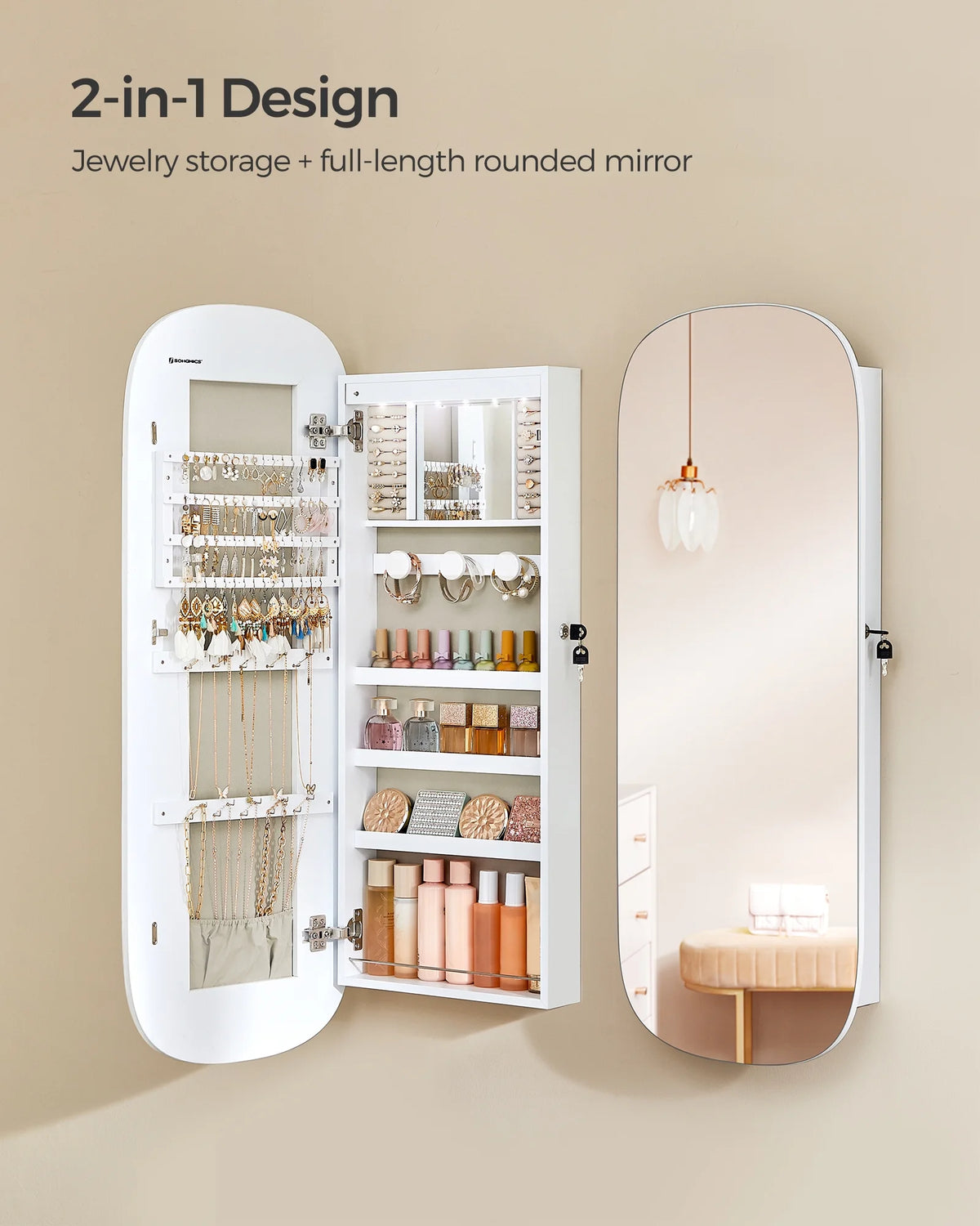 White Lockable Wall Mounted Jewelry Cabinet with Mirror I3129