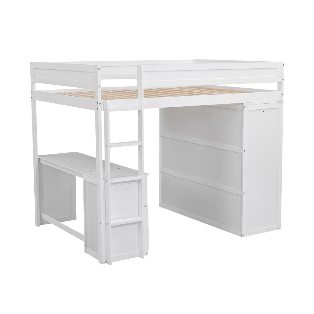 Solid Wood Loft Bed with Built-In Desk & Wardrobe White Full I3246