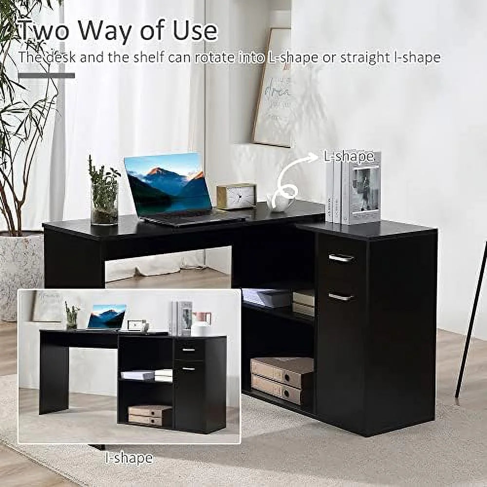 L Shaped Computer Desk with Shelves Drawer and Cabinet White M30665