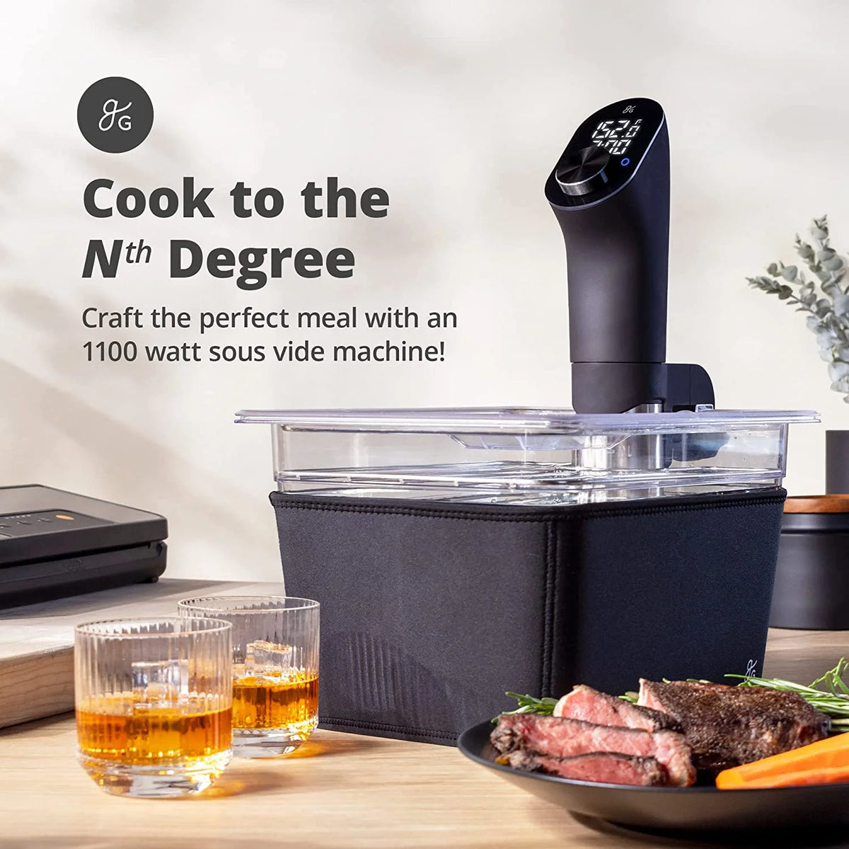 1100 Watt Sous Vide Cooker with Plastic Container, Lid, and Neoprene Sleeve O32324