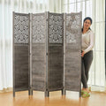 4 Panel Gray Wood Carved Folding Room Divider M474