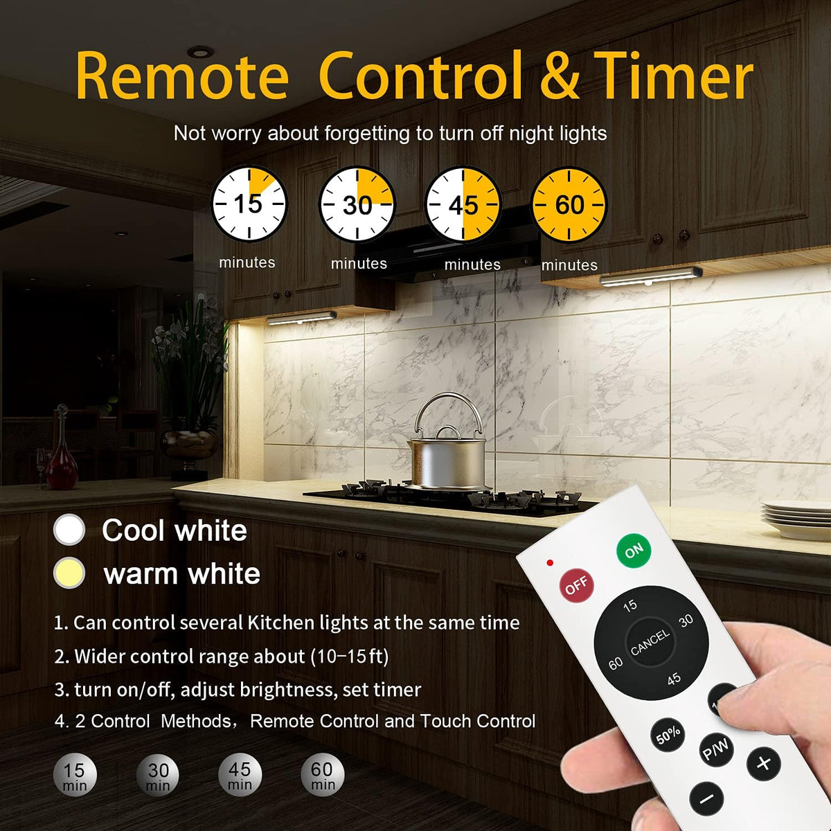 Remote Control Under Cabinet Lighting 6 Pack Dimmable Rechargeable 3 Colors T126