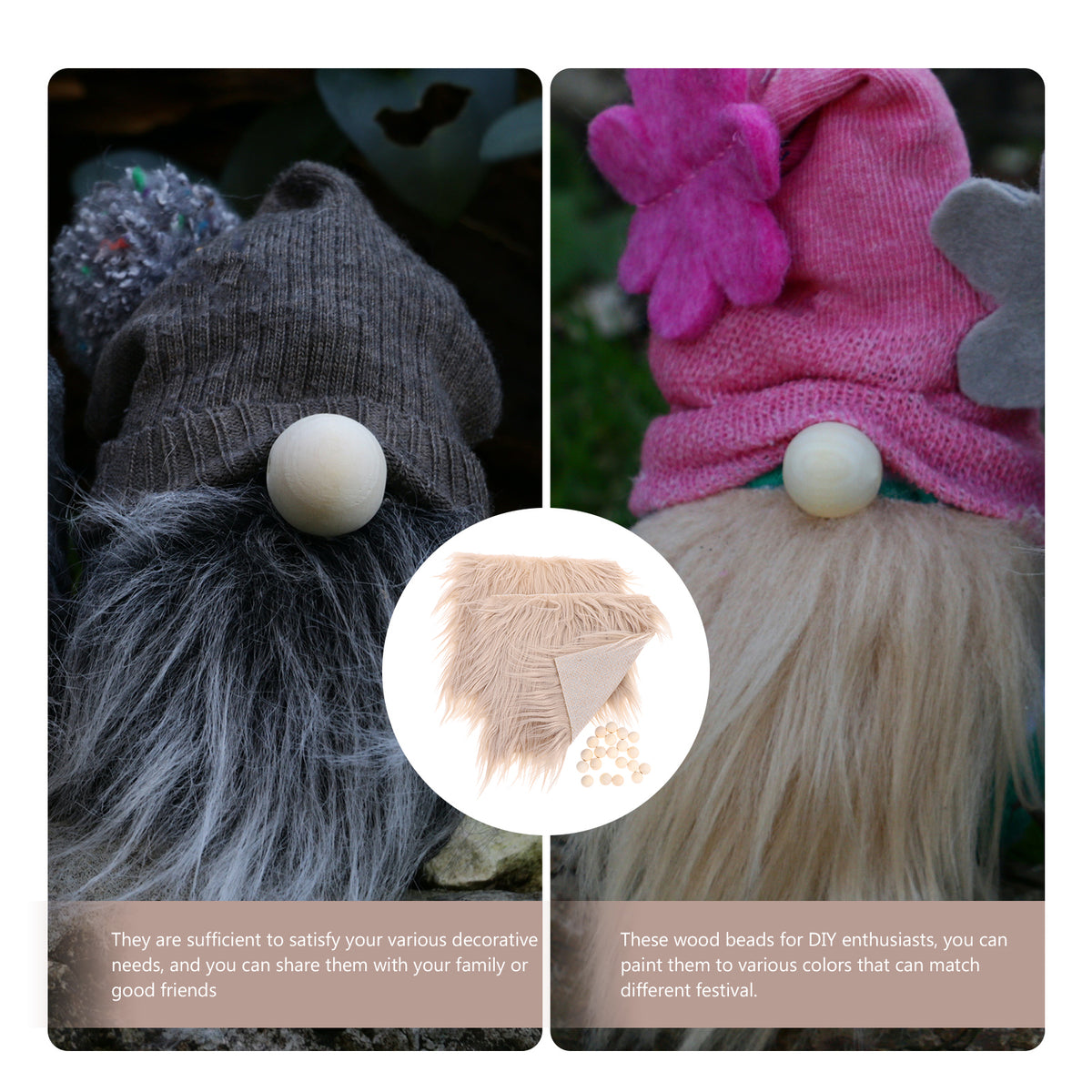 2 Sets Gnome Doll DIY Making Supplies with Faux Fur Fabric and Wooden Balls M4166