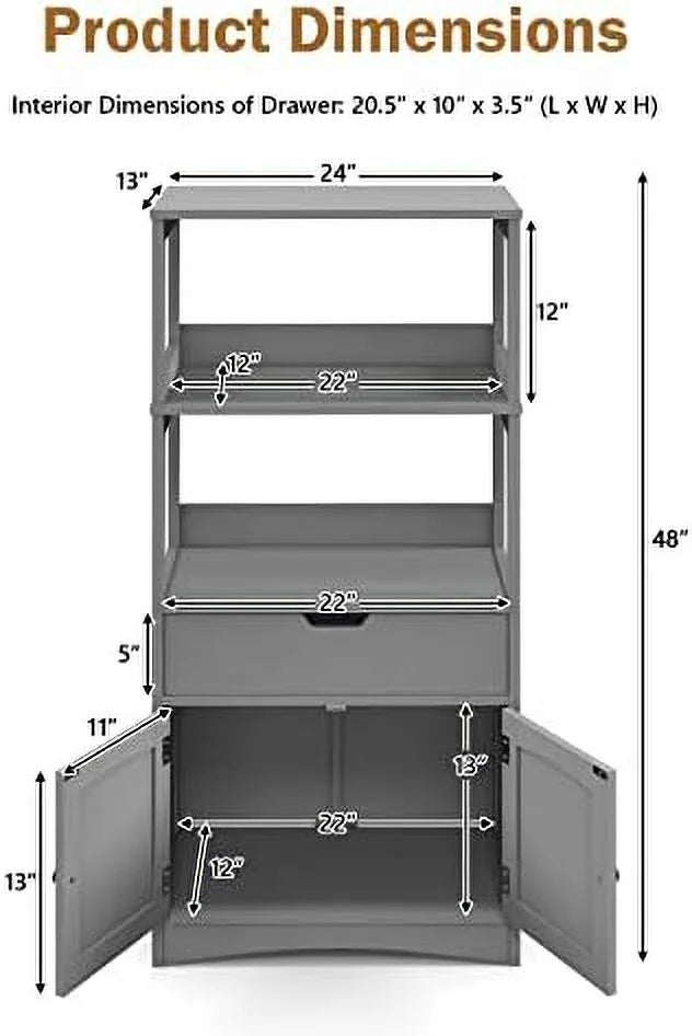Bathroom Floor Cabinet with Drawer 2 Open Shelves and Door Cupboard Grey 24 x 13 x 48 inch Q73988