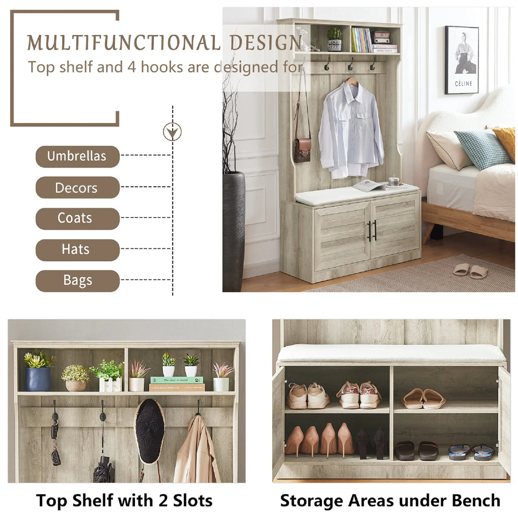 White Oak Entryway Bench with Coat Hooks and Storage Bench N94143