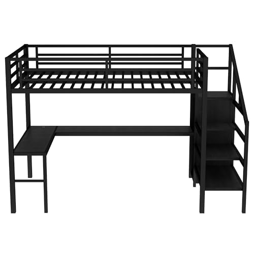 Black Full Loft Bed with L-shaped Desk, USB, Wardrobe & Stairs Q95316
